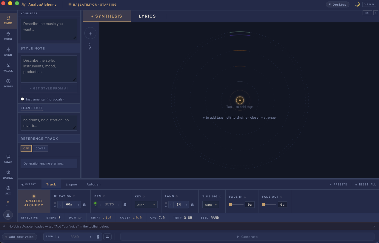 AnalogAlchemy Make screen with tag orbit and expert controls