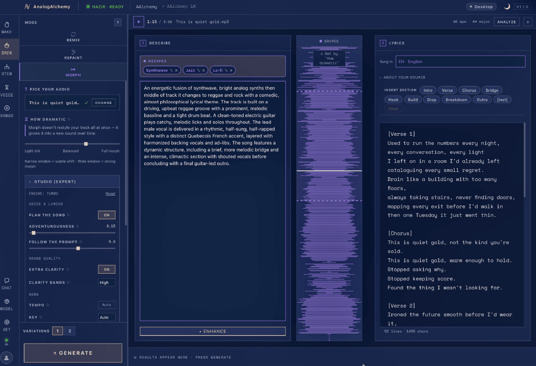 Morph mode: a light-tint to full-morph slider that grows the track into a new sound over time