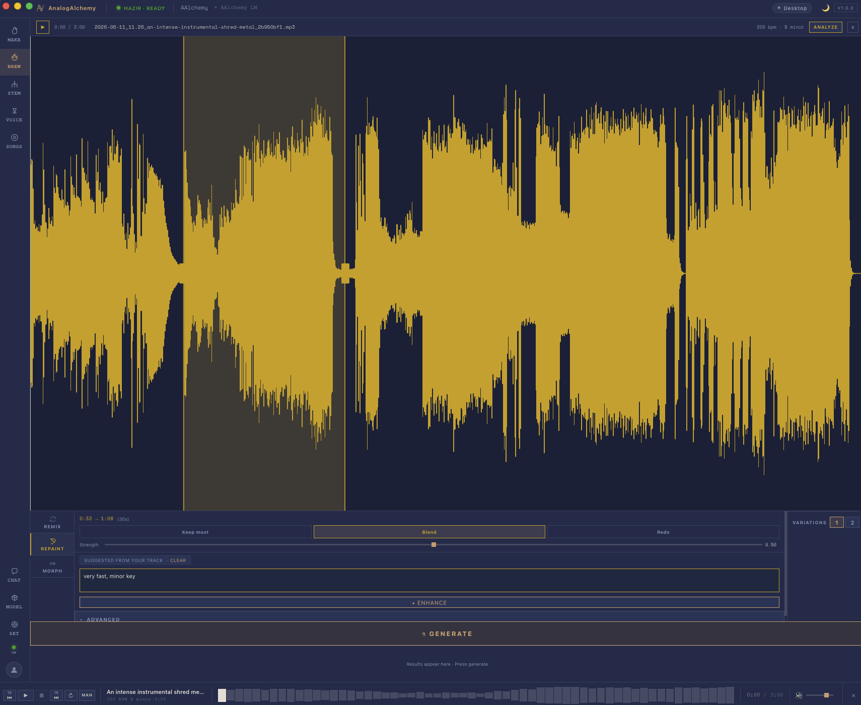 Repaint mode with a selected waveform region