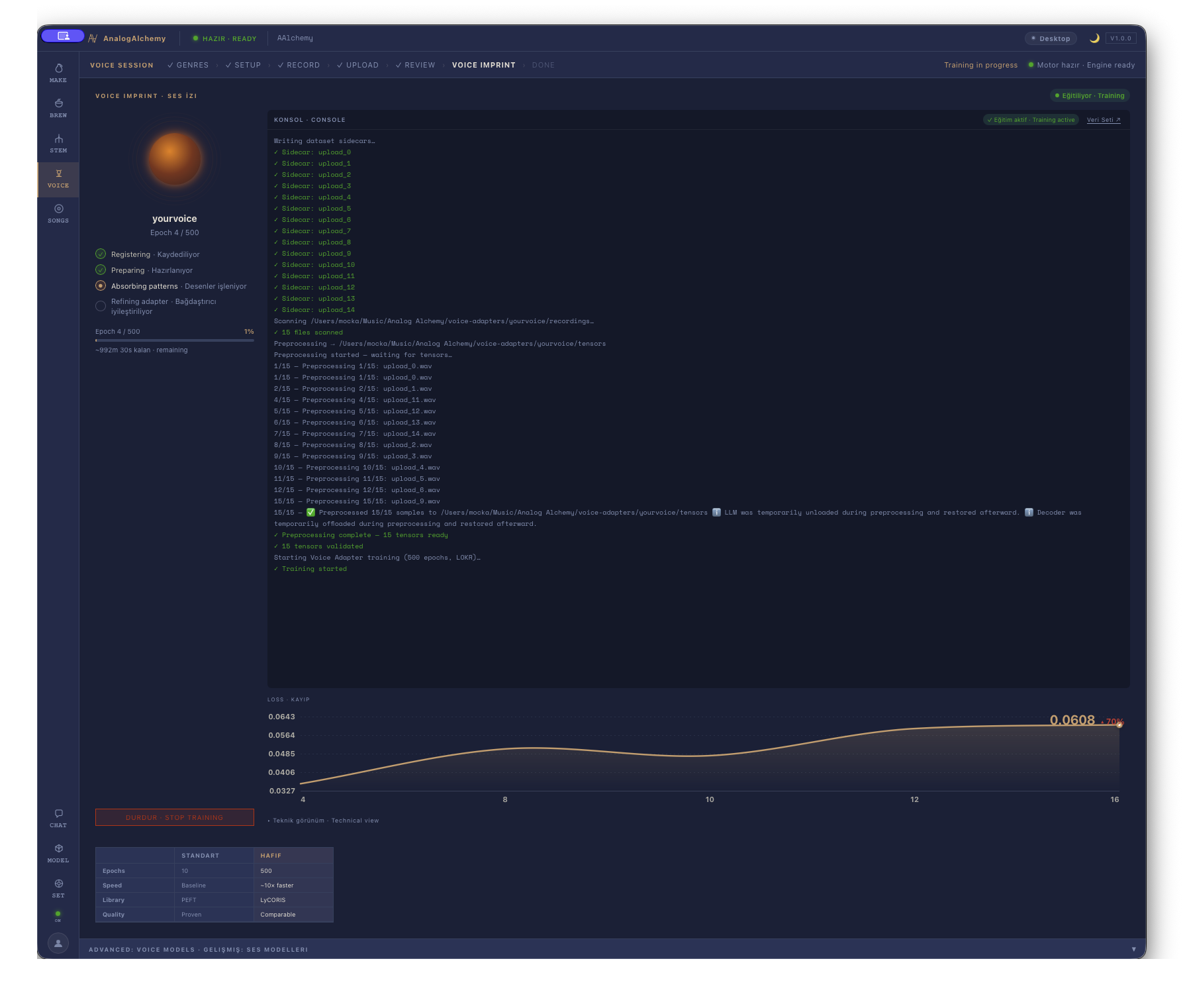 Voice adapter training console with live loss curve